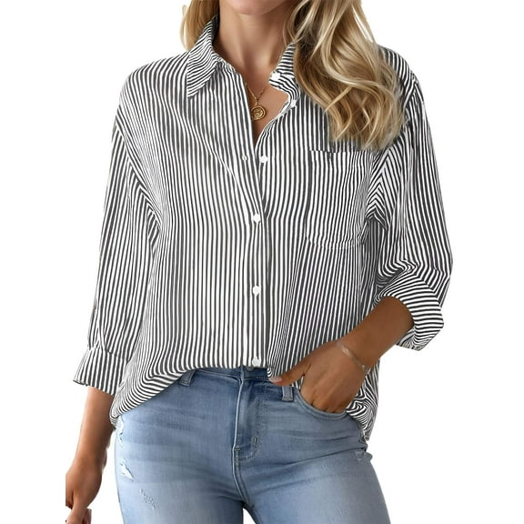 Weardear Womens Button Down Shirts Striped Classic Long Sleeve Collared Office Work Blouses Tops with Pocket