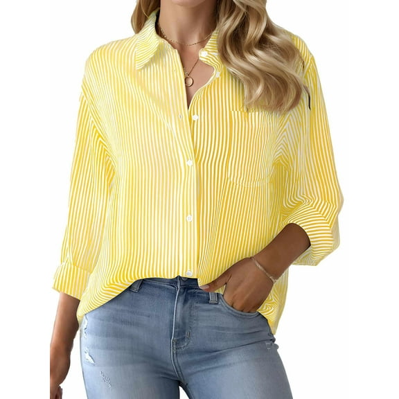 Weardear Womens Button Down Shirts Striped Classic Long Sleeve Collared Office Work Blouses Tops with Pocket