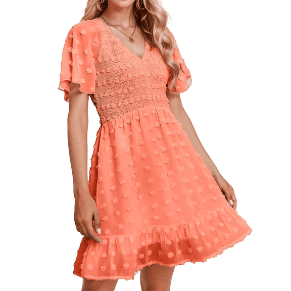 Weardear Womens Dresses Casual Vacation Beach Dresses for Women V Neck Smocked Short Sleeve Ruffle Hem Mini Dresses Flowy Summer Dresses