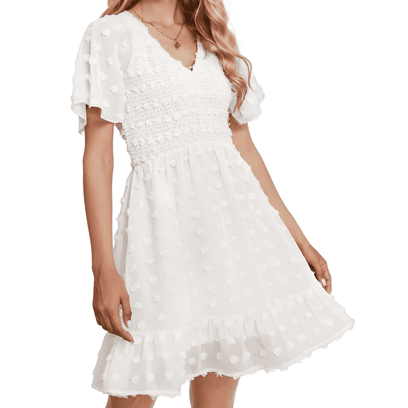Weardear Womens Dresses Casual Vacation Beach Dresses for Women V Neck Smocked Short Sleeve Ruffle Hem Mini Dresses White Flowy Summer Dresses