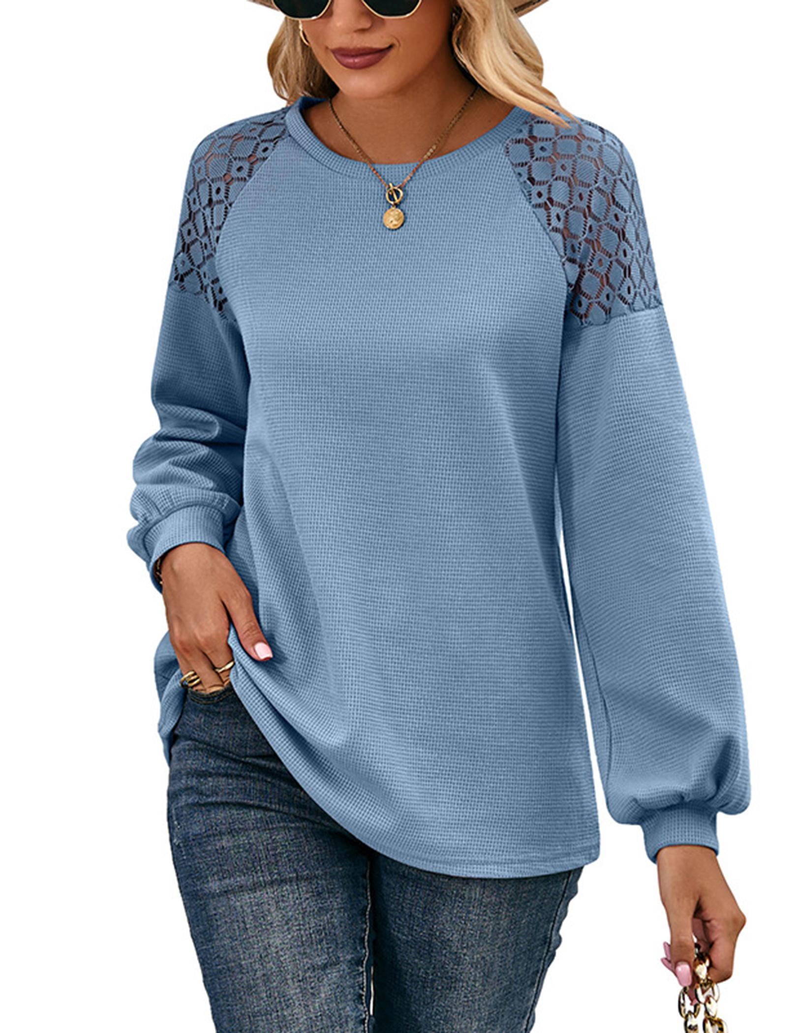 Wataxii Womens Long Sleeve Tops Waffle Knit Tops for Women Fall Tops