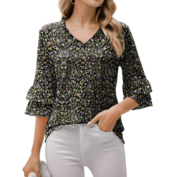 Wataxii Womens Tunic Tops to Wear with Leggings Womens Frill V Neck Blouse Casual Womens 3/4 Sleeve Tiered Ruffle Bell Sleeve Tops
