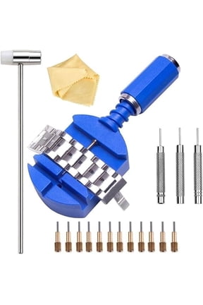 Watch Band Link Removal Tool Kit with 12pcs Replacement Pins and 3pcs Pin Punches 1pcs Head Hammer for Watch Bracelet Strap Adjustment and Watch Repair