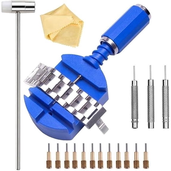 Watch Band Link Removal Tool Kit with 12pcs Replacement Pins and 3pcs Pin Punches 1pcs Head Hammer for Watch Bracelet Strap Adjustment and Watch Repair