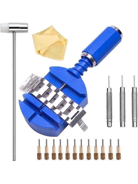 Watch Band Link Removal Tool Kit with 12pcs Replacement Pins and 3pcs Pin Punches 1pcs Head Hammer for Watch Bracelet Strap Adjustment and Watch Repair