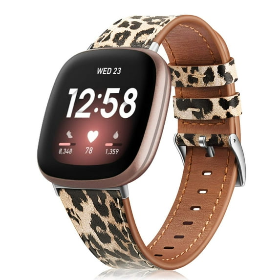 Watch Bands Compatible with Fitbit Versa 3 / Fitbit Sense, Genuine Leather Band Replacement Accessories Strap Wristband, Classic Leopard