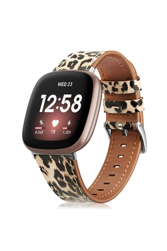 Watch Bands Compatible with Fitbit Versa 3 / Fitbit Sense, Genuine Leather Band Replacement Accessories Strap Wristband, Classic Leopard