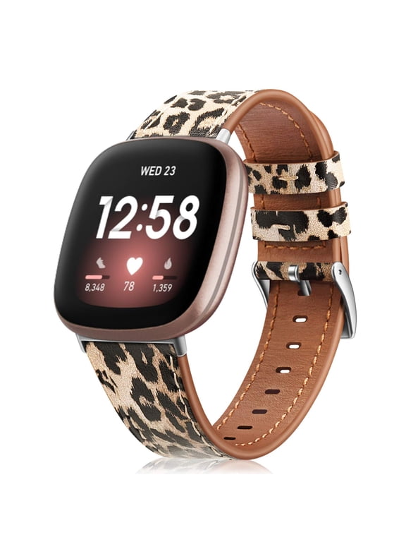 Watch Bands Compatible with Fitbit Versa 3 / Fitbit Sense, Genuine Leather Band Replacement Accessories Strap Wristband, Classic Leopard