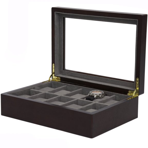 Watch Box 10 Large Compartments Wood Brown Finish Clearance Glass Window
