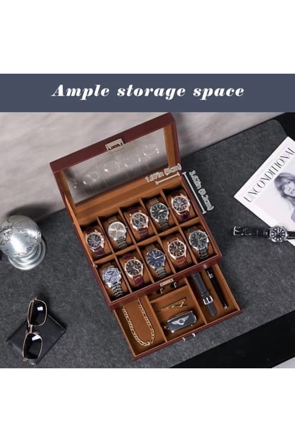 Watch Box, 10 Slot Watches Display Case with Drawer, Mens Watch Case with Glass Lid, 2-Layer Mens Jewelry Organizer Storage Holder, Birthday Christmas Gifts for Men -10 Slot, Espresso