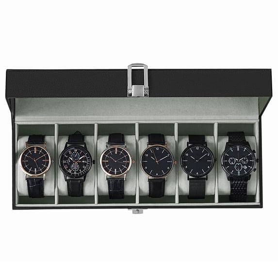 Watch Box, 12-Slot Watch Case with Large Glass Lid, Removable Watch Pillows, Watch Box Organizer, Gift for Loved Ones, Black Synthetic Leather, Gray Lining