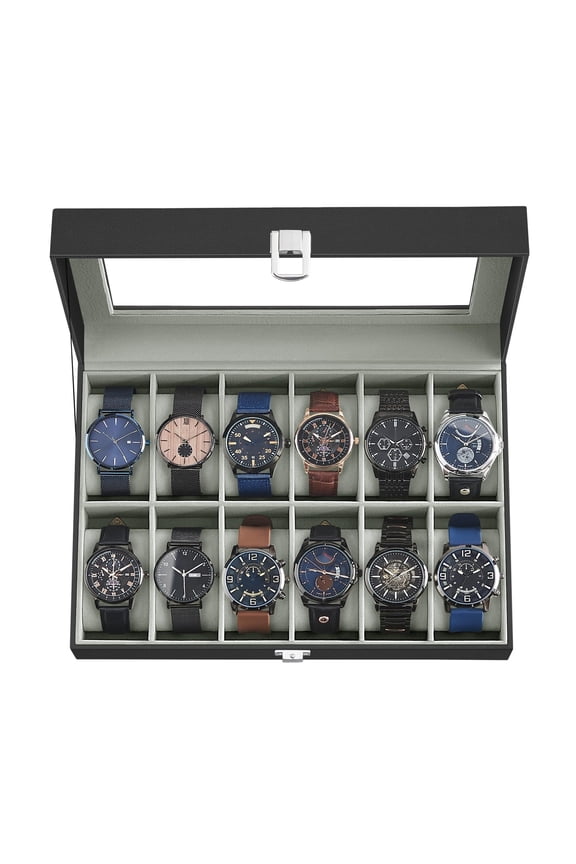 Watch Box, 12-Slot Watch Case with Large Glass Lid, Removable Watch Pillows, Watch Box Organizer, Gift for Loved Ones, Black Synthetic Leather, Gray Lining