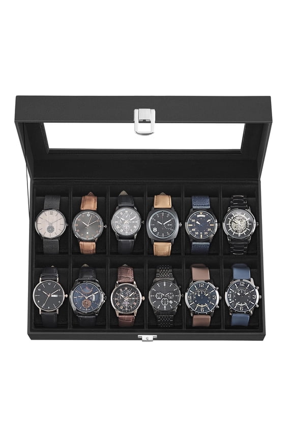 Watch Box, 12-Slot Watch Case with Large Glass Lid, Removable Watch Pillows, Watch Box Organizer, Gift for Loved Ones, Black Synthetic Leather, Gray Lining
