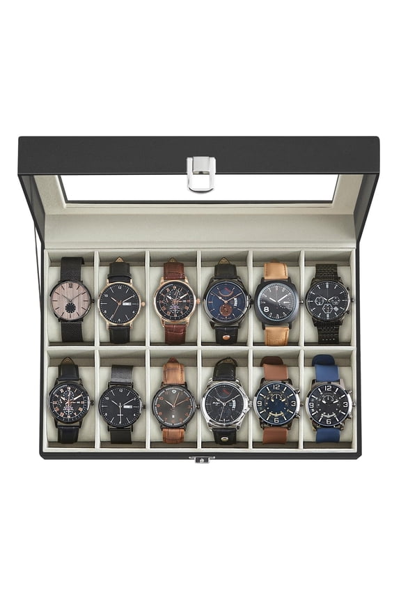 Watch Box, 12-Slot Watch Case with Large Glass Lid, Removable Watch Pillows, Watch Box Organizer, Gift for Loved Ones, Black Synthetic Leather, Gray Lining
