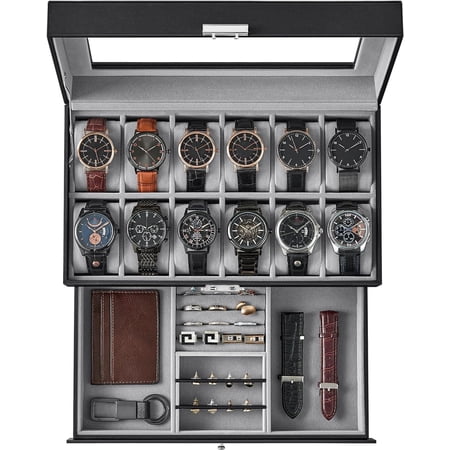 Watch Box, 12-Slot Watch Case Organizer with Large Glass Lid, 2 Layers, Removable Pillows, Metal Lock, Gift for Loved Ones, Black Synthetic Leather, Gray Lining
