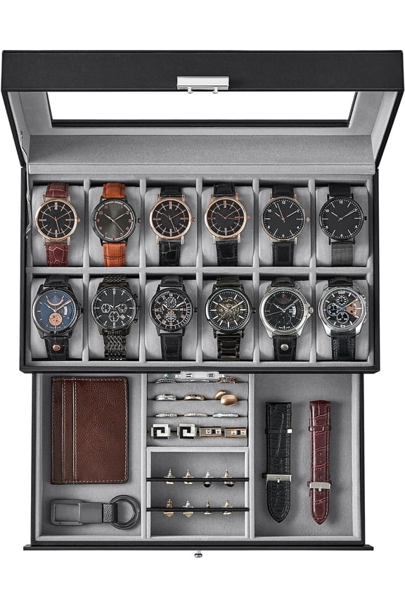 Watch Box, 12-Slot Watch Case Organizer with Large Glass Lid, 2 Layers, Removable Pillows, Metal Lock, Gift for Loved Ones, Black Synthetic Leather, Gray Lining