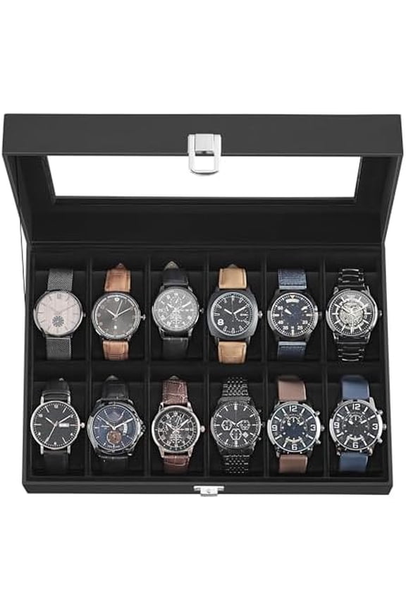 Watch Box, 12-Slot Watch Case Organizer with Large Glass Lid, Removable Pillows, Gift for Loved Ones, Black Synthetic Leather, Black Lining UJWB012B01