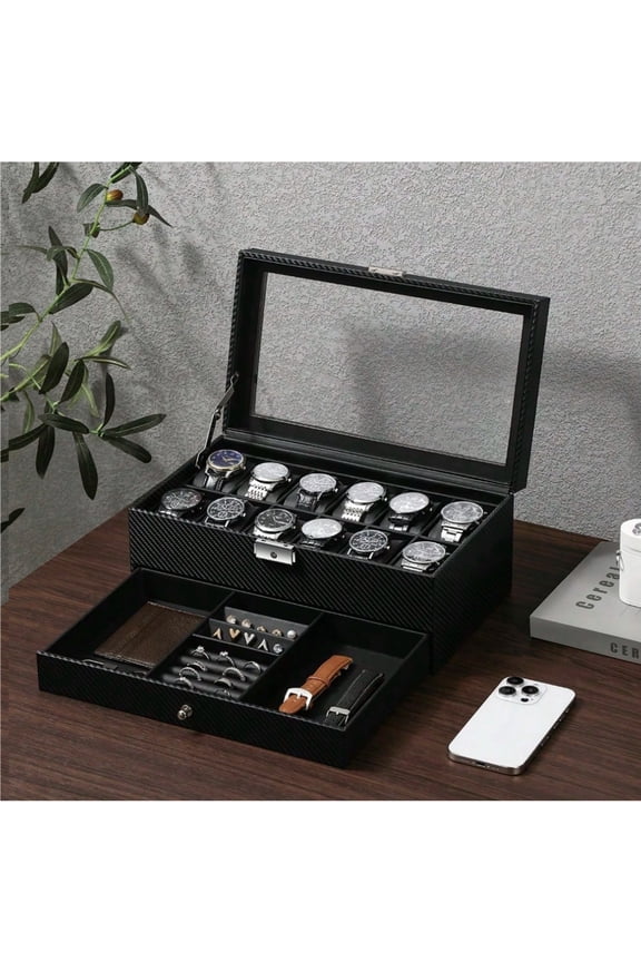 Watch Box 12 Slot Watch Display Organizer Leather Jewelry Case Drawer Glass Birthday For Men Women, Husband Dad Back To School Dormitory Storage
