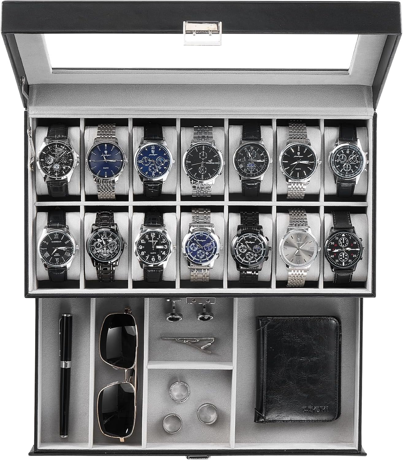 Watch Box, 14 Slot Watch Case for Men with Drawer, Black - Walmart.com