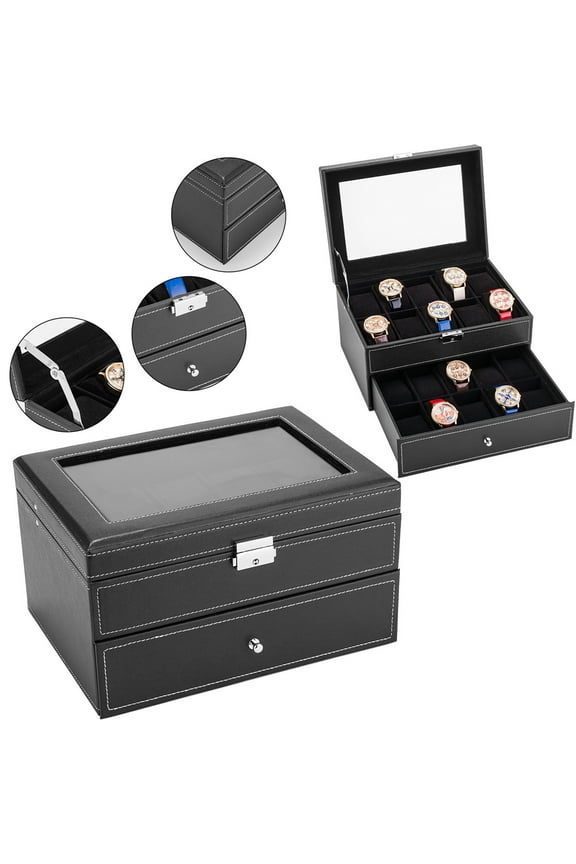 Watch Box, 20 Mens Case Glass Top Display Organizer Lockable, Black