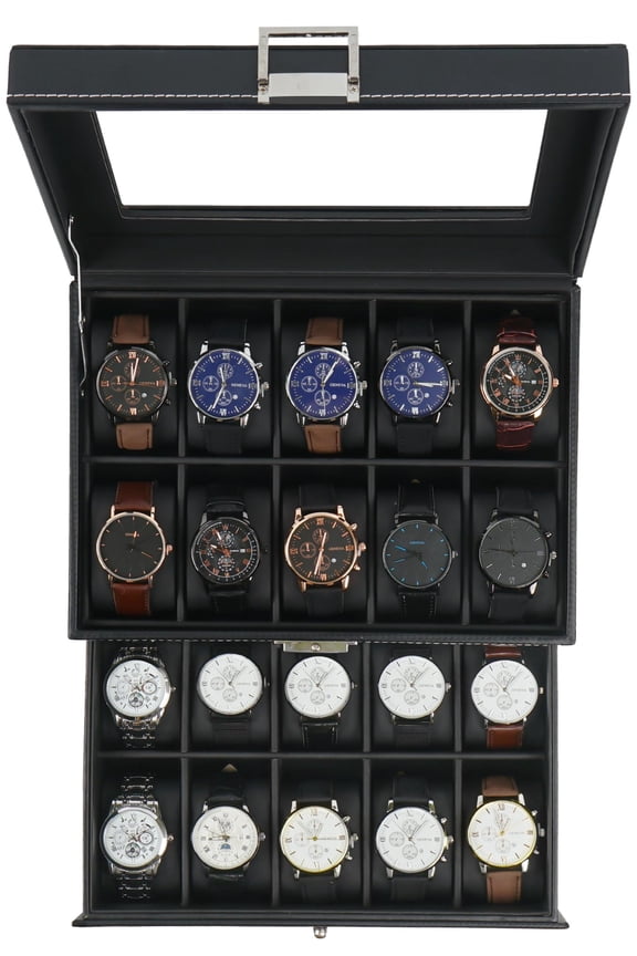 Watch Box 20 Slot Case For Men 2 Layers Lockable Display With Glass Lid Large Capacity Storage Organizer Gift Loved Ones Luxury Holder (black)