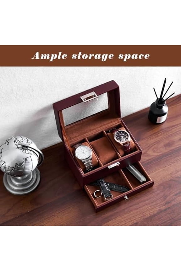 Watch Box, 3 Slot Watches Display Case with Drawer, Mens Watch Case with Glass Lid, 2-Layer Mens Jewelry Organizer Storage Holder, Birthday Christmas Gifts for Men-3 Slot, Espresso