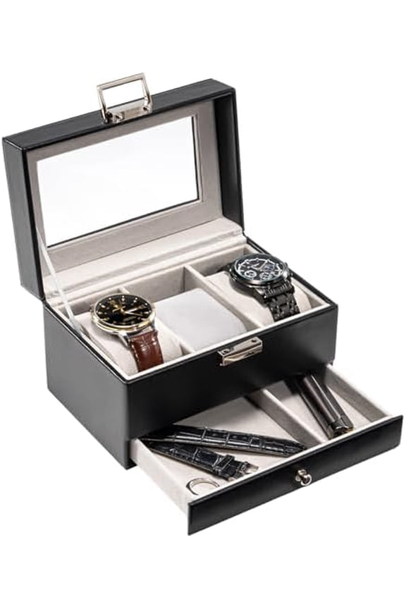 Watch Box, 3 Slot Watches Display Case with Drawer, Mens Watch Case with Glass Lid, 2-Layer Mens Jewelry Organizer Storage Holder, Birthday Valentine Gifts for Men-3 Slot, Black