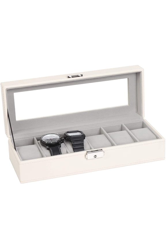 Watch Box 6 Slot Case Real Glass Organizer Watch Case with Removable Watch Pillow, Synthetic Leather Watch Display, Champagne
