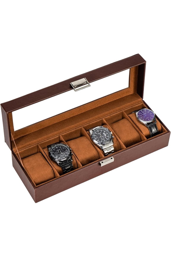 Watch Box, 6 Slot Mens Watch Case, Watch Storage Holder Organizer, Watch Display Case with Glass Lid, Anniversary Birthday Valentine Gifts for Men Women -6 Slot, Espresso
