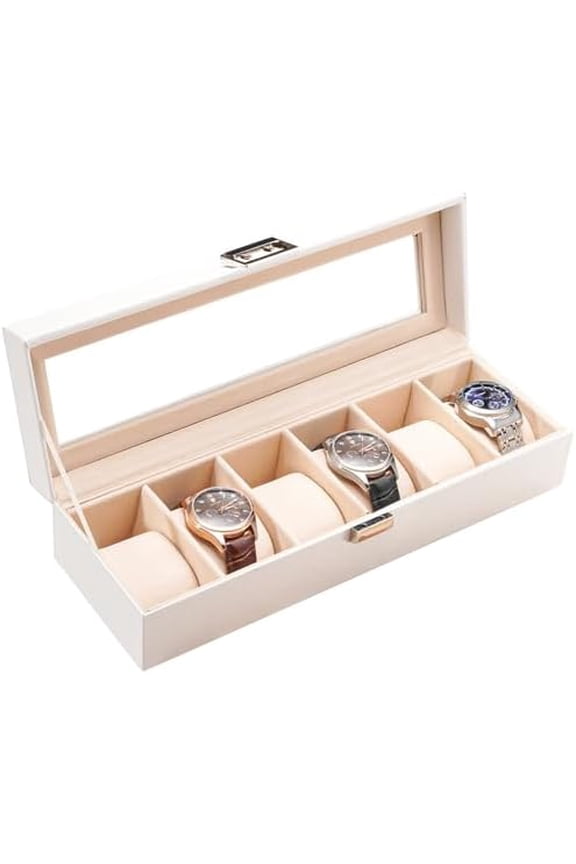 Watch Box, 6 Slot Mens Watch Case, Watch Storage Holder Organizer, Watch Display Case with Glass Lid, Anniversary Birthday Valentine Gifts for Men Women -6 Slot, White