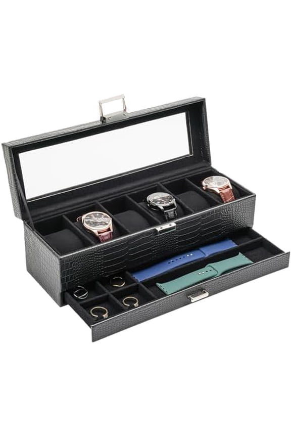 Watch Box, 6 Slot Watches Display Case with Drawer, Mens Watch Case with Glass Lid, 2-Layer Mens Jewelry Organizer Storage Holder, Birthday Valentine Gifts for Men -6 Slot, LizardBlack