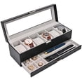 thumbnail image 1 of Watch Box, 6 Slot Watches Display Case with Drawer, Mens Watch Case with Glass Lid, 2-Layer Mens Jewelry Organizer Storage Holder, Birthday Valentine Gifts for Men -6 Slot, Black, 1 of 8