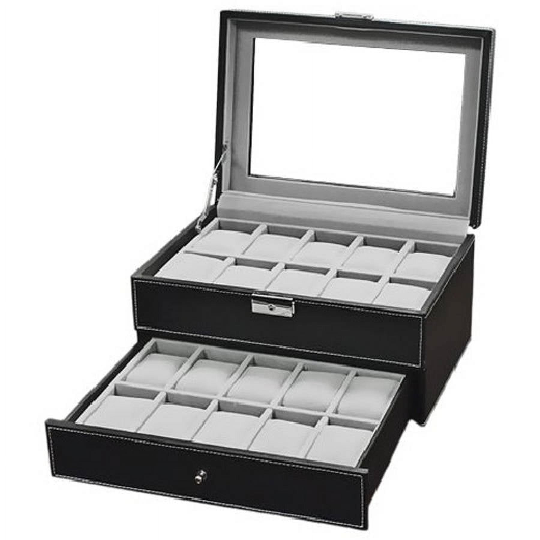 Watch Box Large 20 Men's Black Leather Display Glass Top Jewelry Case