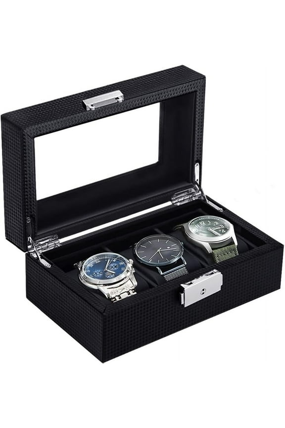 3-Slot Mens Faux Leather Watch Box, Includes Glass Display and Removable Pillow, 1 Count