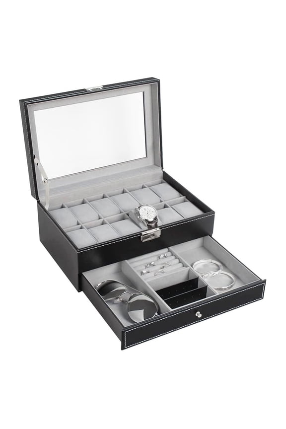 Watch Box Mens 12 Slots PU Leather Watch Case Organizer Jewelry Display Drawer Glass Top with Lock Black