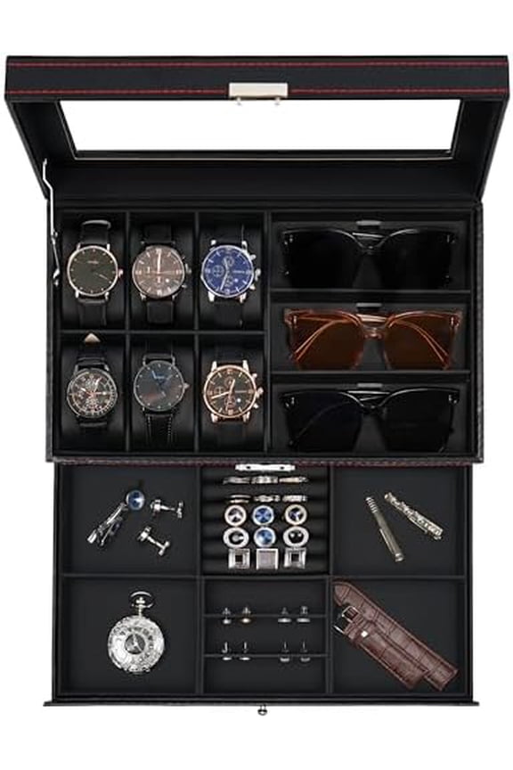 Watch Box for Mens Jewelry Box, 6 Slot Watch Case & 3 Slot Sunglasses Organizer, Lockable PU Leather Jewelry Organizer Watch Display Storage W/Drawer For Rings Bracelets, Gift for Men Women