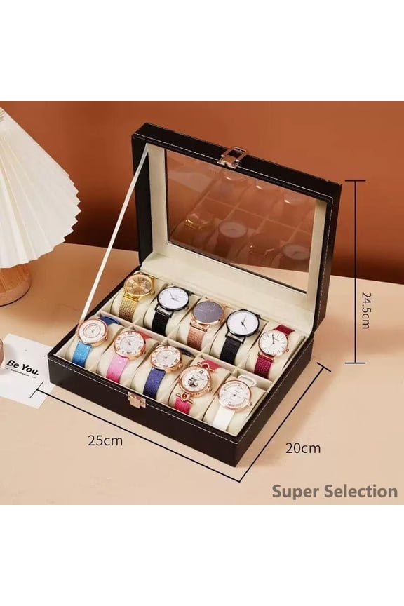 Watch Box Organizer, Glass Top Display Case With PU Leather, Multi-Slot Watch Storage For Men, Jewelry Collection Box & Gift,10 Slots,N