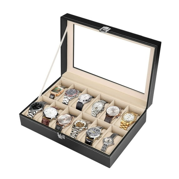 Watch Box Organizer for Men and Women - 12 Slot Watch Storage Box with Top Glass Display & Removable Pillows in Each Slot - Premium Watch Cases for Men Made with High-Quality PU Leather