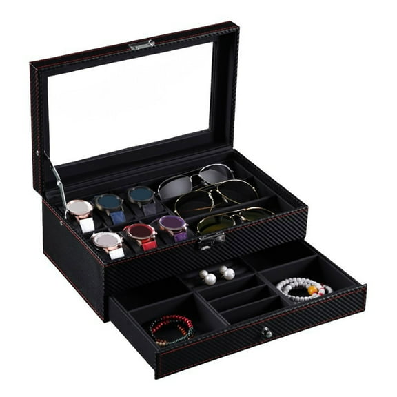 Watch Box Sunglasses Organizer Large Capacity Multiple Compartments Window Design Watch Holder Stand Storage Case with Drawer