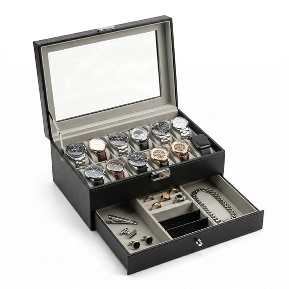 Watch Box Watch Cases Jewelry Organizer for Men 12 Slot Lockable PU Leather Lid Jewelry Display Drawer Case Black