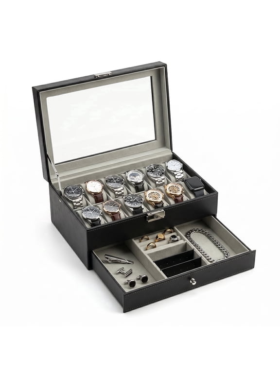 Watch Box Watch Cases Jewelry Organizer for Men 12 Slot Lockable PU Leather Lid Jewelry Display Drawer Case Black