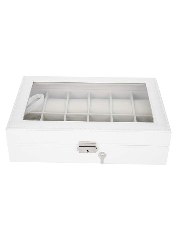 Watch Box for Women and Men, PU Leather 12 - Slots Watch Display Case, Watch Wristwatch Collection Storage Box, Watch Holder Organizer with Transparent Glass Lid, White