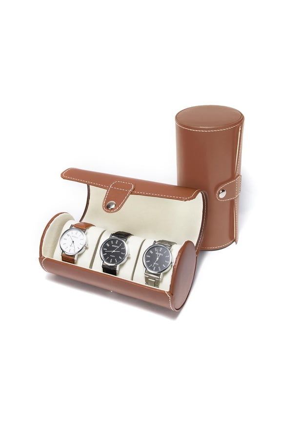 Watch Box for Men, 3 Grids Cylinder Roll Holder Wristwatch Jewelry Gift Storage Display Case (Brown)