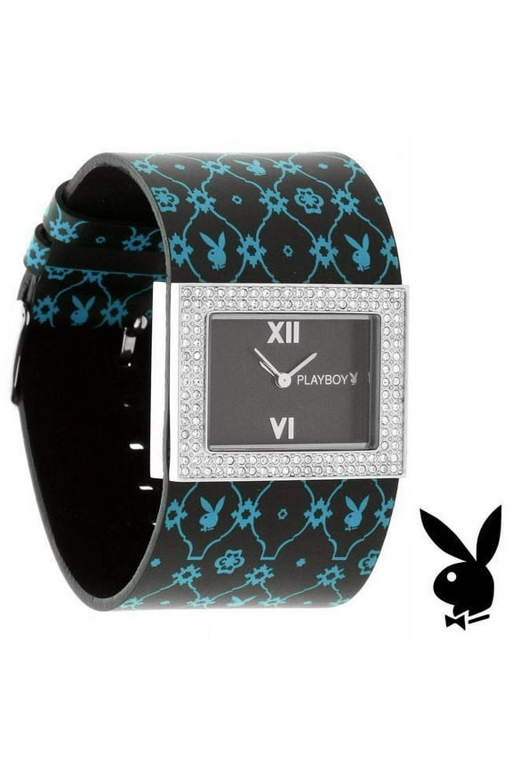 Watch Bunny Black Leather Band Swarovski Crystals Stainless Steel Back