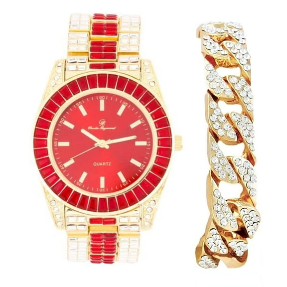 Watch on and Bust Down The Wrist with Lotta of The Whitest and Colorful Crysal Clear Flawless Baquettes! New Luxury Bling'ed Out Charles Raymond Timepiece - ST10377 (Cuban Gold Blood Red)