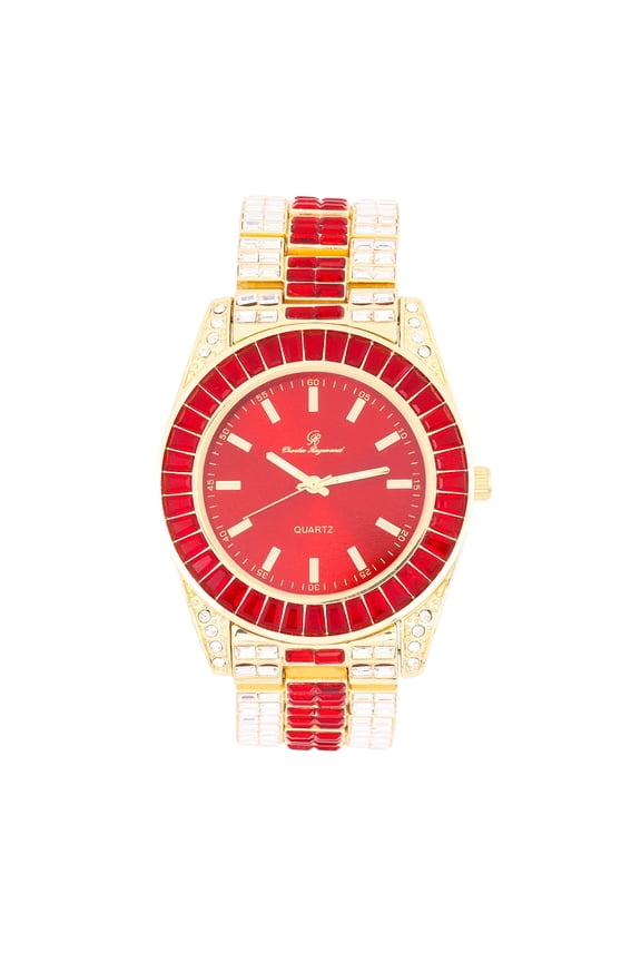 Watch on and Bust Down The Wrist with Lotta of The Whitest and Colorful Crysal Clear Flawless Baquettes! Newest Bling'ed Out Charles Raymond Timepiece - ST10377G Blood Red