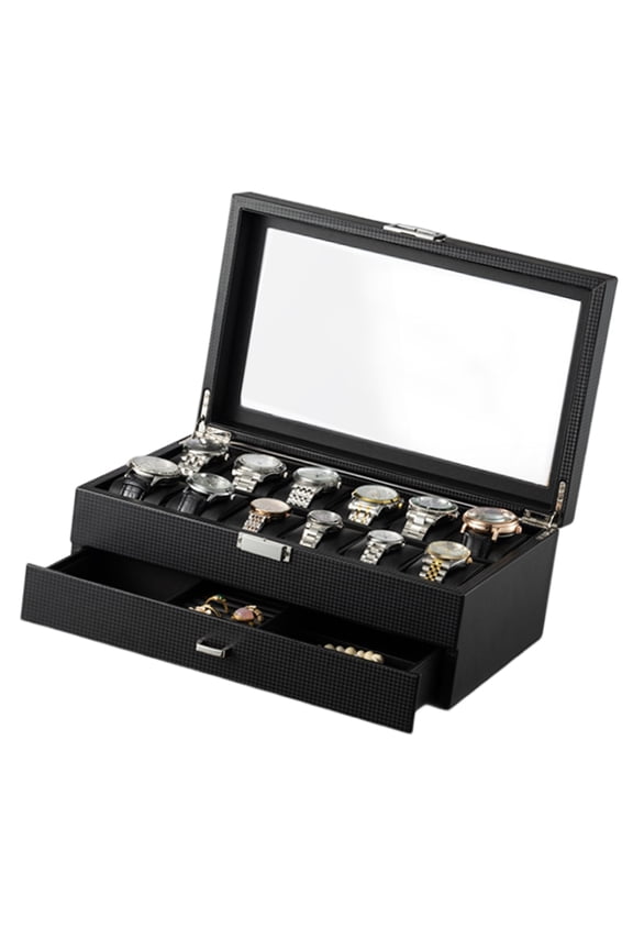 Watch Case with 12 Compartments and Drawer Elegant Watches Storage Organizer