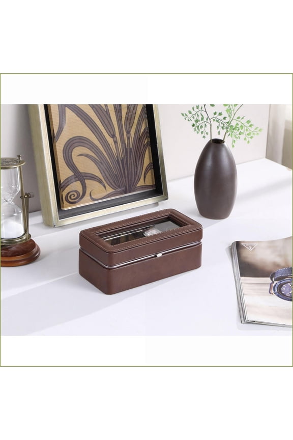 Watch Display Case 4-Slot with Tempered Glass Lid, Brown Leatherette | Brown | Glass