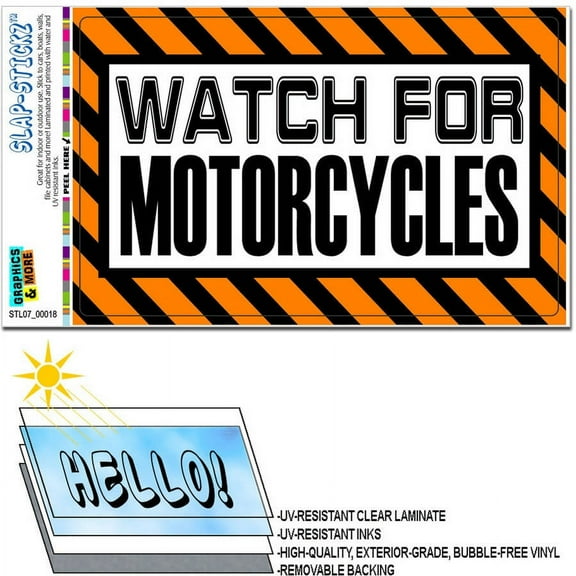 Watch For Motorcycles Orange - Caution Warning SLAP-STICKZ(TM) Premium Sticker