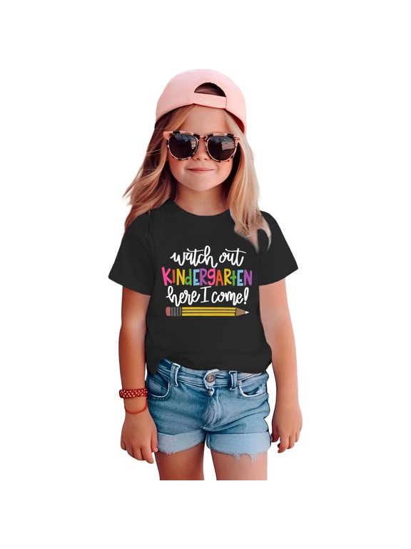 Watch Out Kindergarten Here I Come Shirt for Girls Boy First Day of Kindergarten Tshirt Kids Back to School Outfit boy girls Kids T-Shirt, 180gsm, 100% Cotton